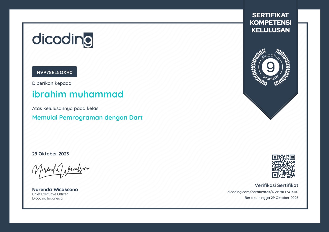 Certificate: Memulai Pemrograman dengan Dart