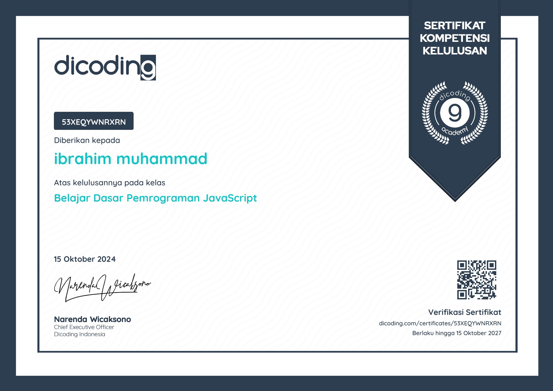 Certificate: Belajar Dasar Pemrograman JavaScript