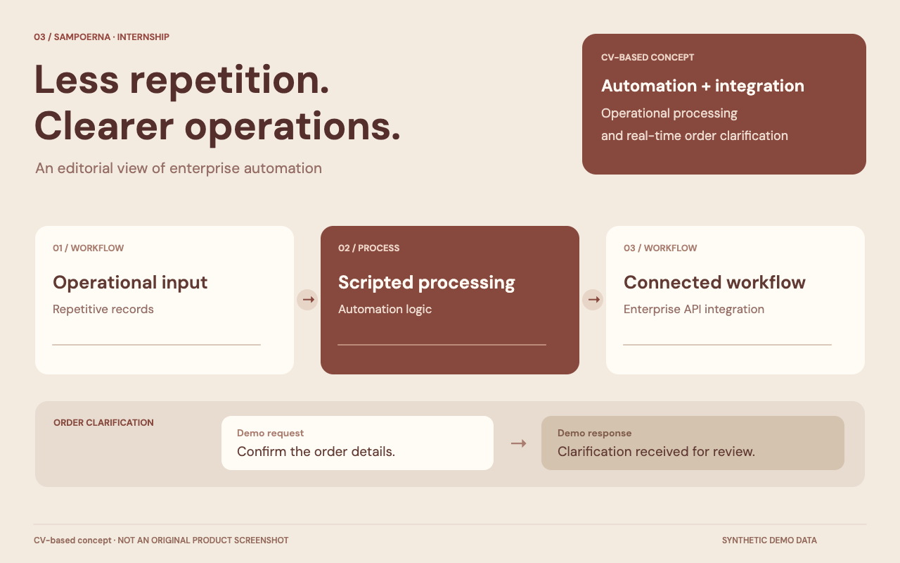 Sampoerna CV-based editorial poster showing processing stages and illustrative order clarification